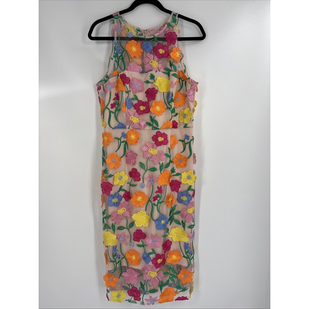 Adrianna Papell Embroidered Midi Dress - 3D Flowers, Colorful - Size 8